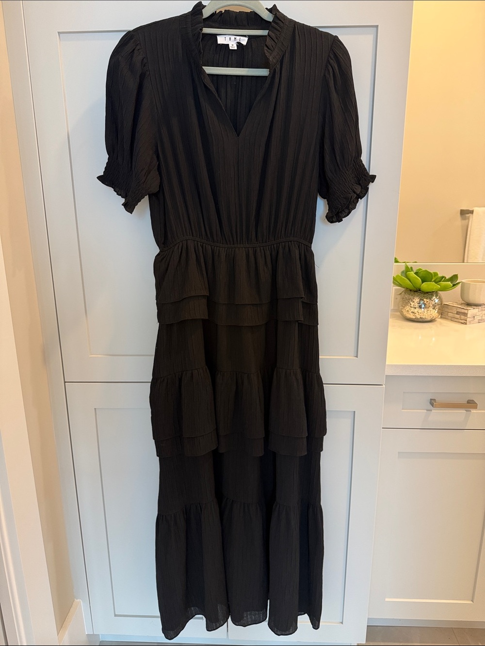THML Tiered Black Maxi Dress with Puff Sleeves